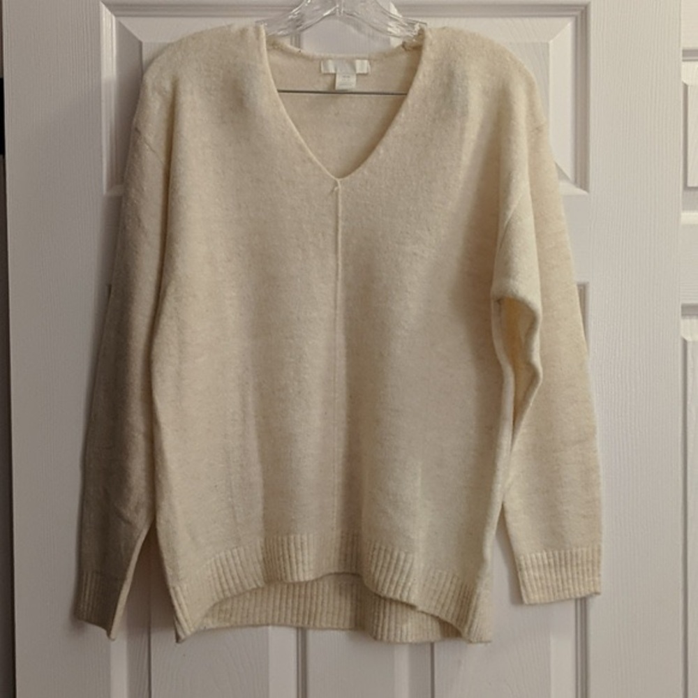 V Neck waist cinch cream sweater, medium